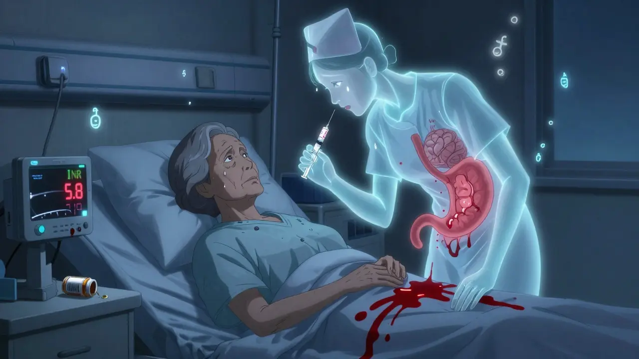 Elderly woman in hospital bed with high INR monitor, ghostly bleeding organs above her, nurse holding vitamin K.