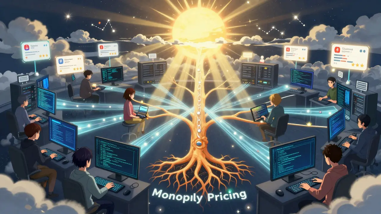 Global network of coders contributing to an open-source tree that crushes monopoly pricing chains, under a rising sun of digital freedom.