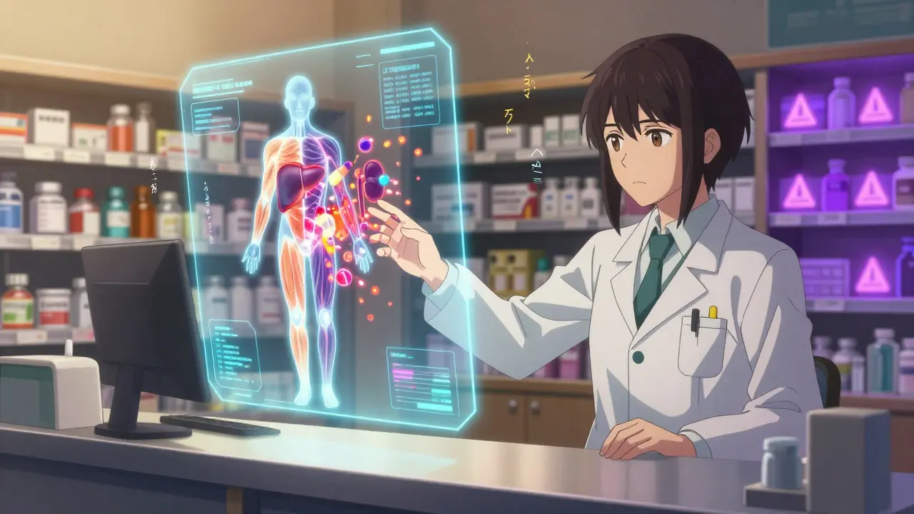 Holographic human body with glowing danger zones from interacting medications.
