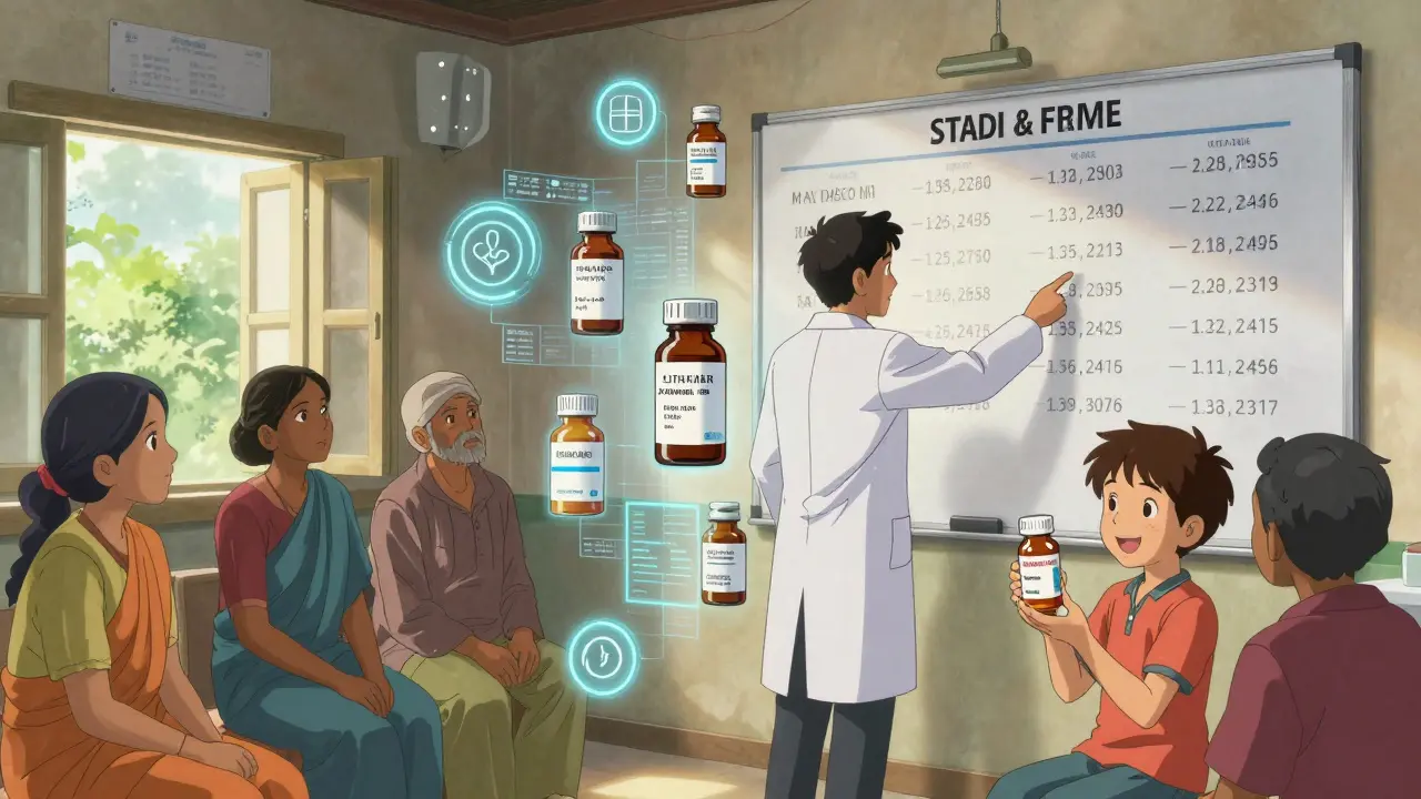 Indian doctor explains generic medicines to patients in a sunlit rural clinic.