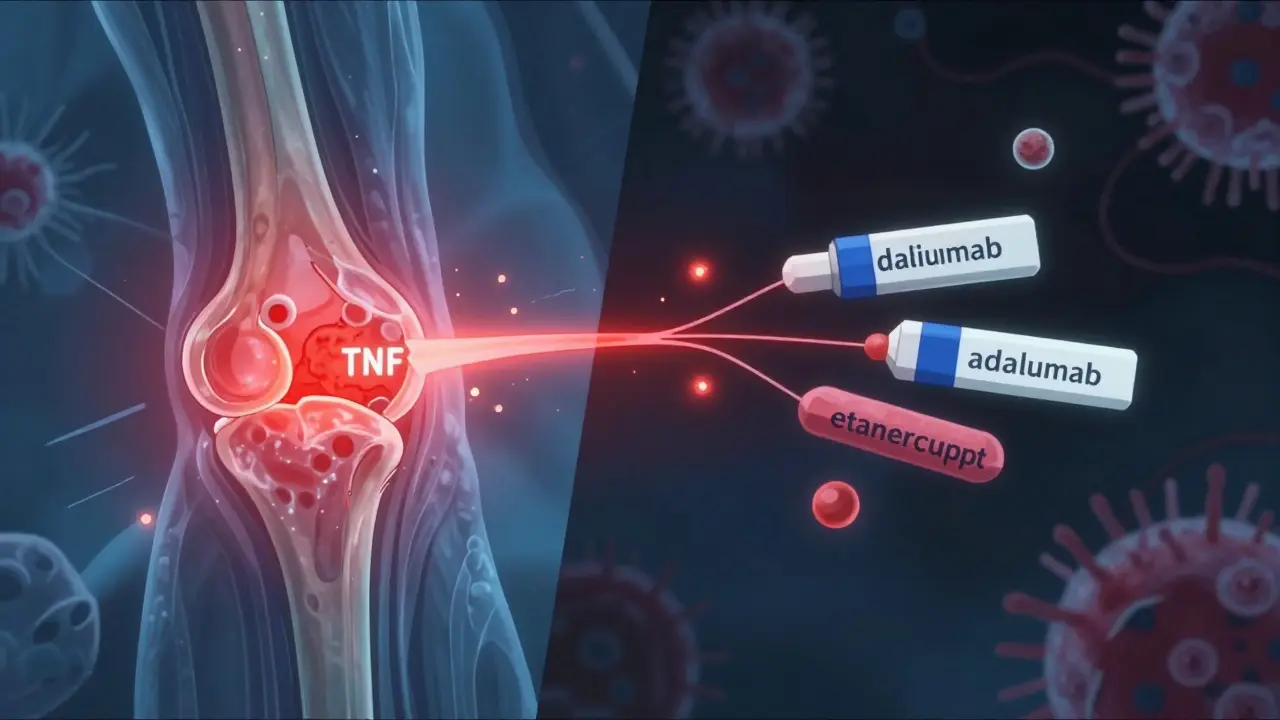 Molecular scene showing TNF-alpha blocked by antibodies and fusion proteins, with cancer cells in shadow.