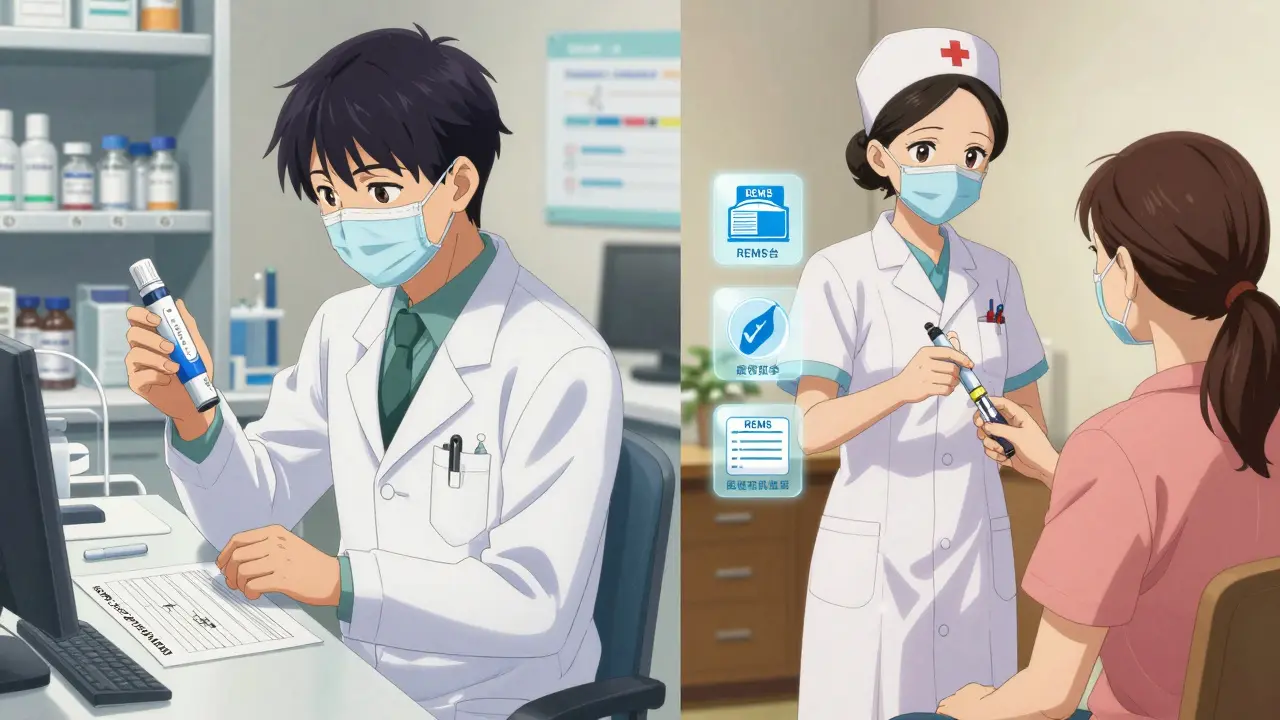 Nurse teaching a patient to use an injectable generic specialty drug at home with compliance icons floating nearby.