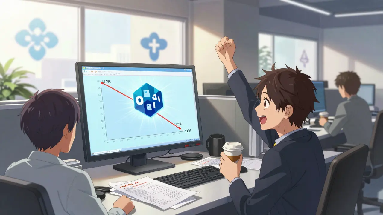 Office team celebrating as software costs drop from 0K to K, with a glowing PostgreSQL logo illuminating discarded corporate licenses.