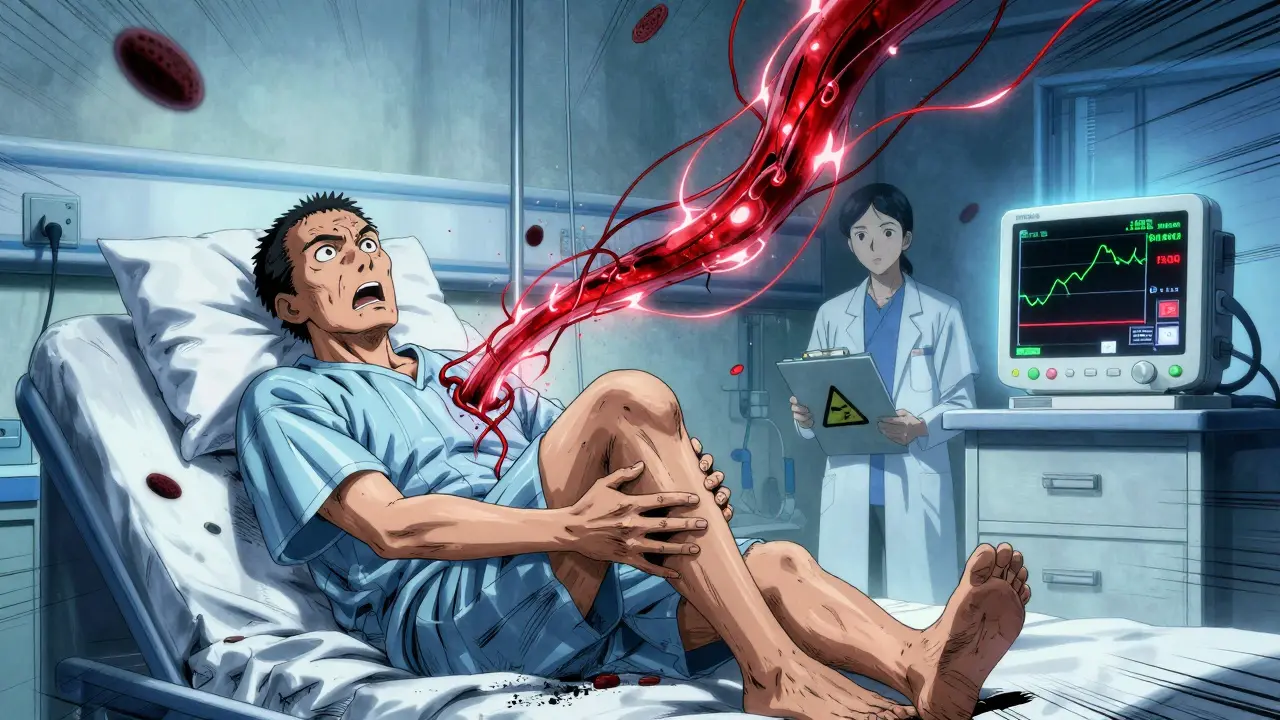 Patient clutching leg as glowing blood clot threads rise toward heart in hospital room under emergency lights.