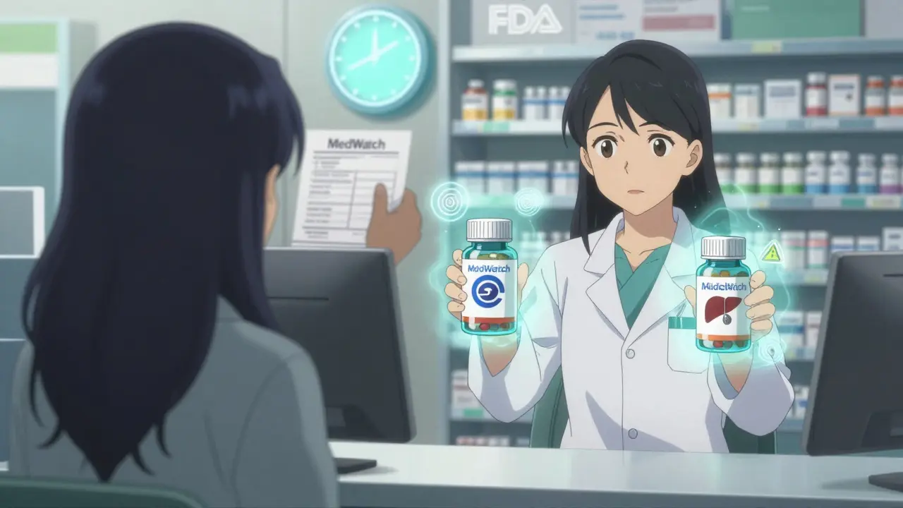 Patient holding two generic pill bottles, one emitting warning auras, with doctor preparing report.