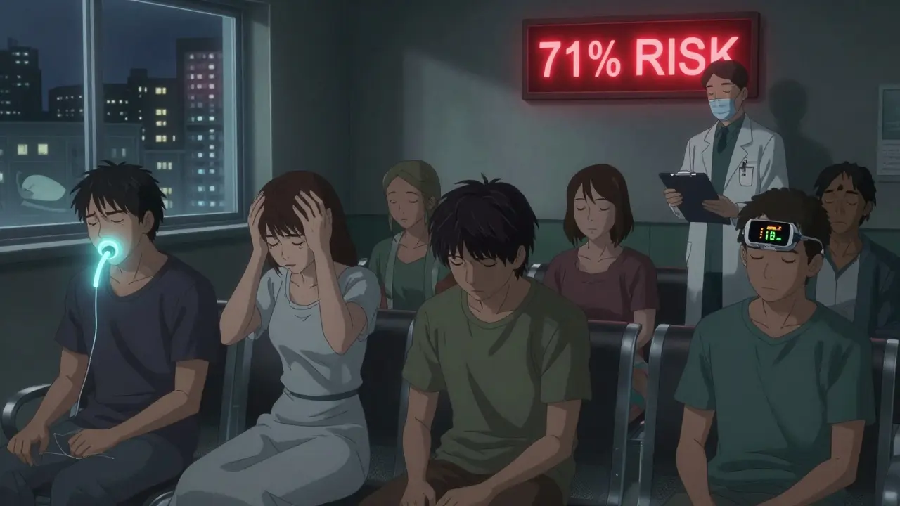 Patients in a clinic with visual signs of sleep apnea, under a warning sign about opioid-related breathing risks.