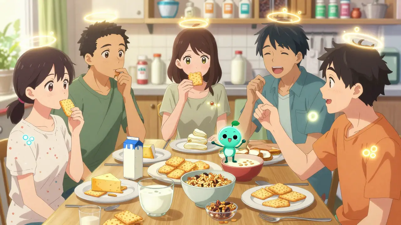 People eating dairy alternatives with glowing lactase enzymes breaking down sugars.