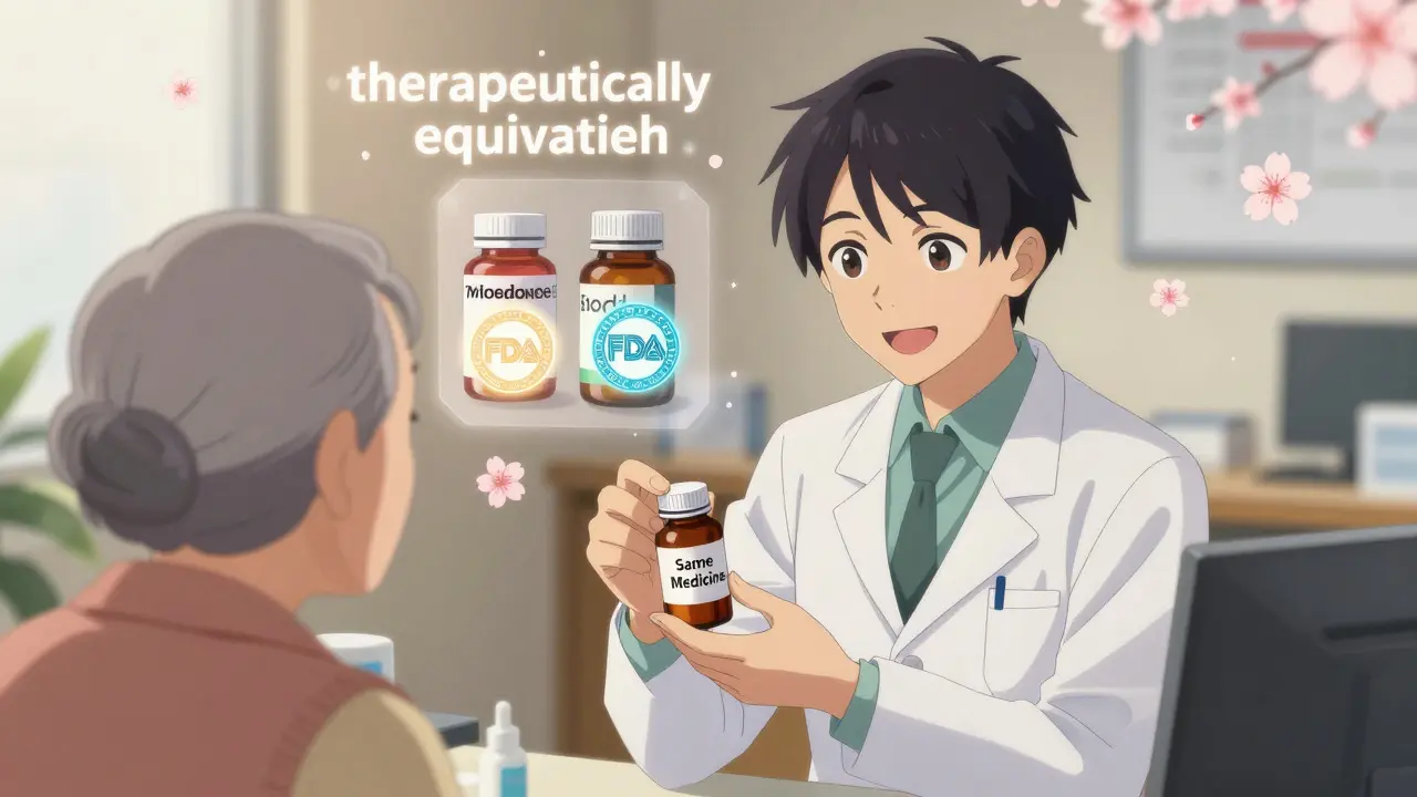 Pharmacist applying a 'Same Medicine' sticker to a generic bottle as an elderly patient watches with growing understanding.