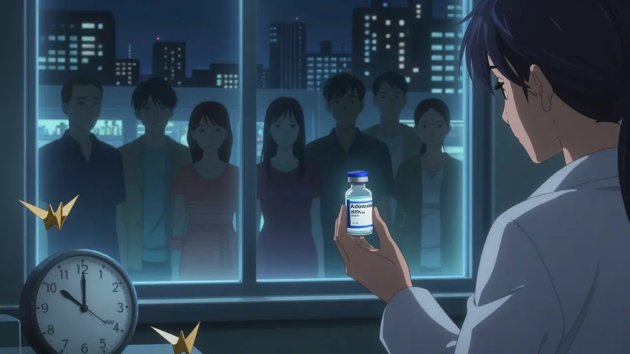 Pharmacist holding a biosimilar drug as patients watch from behind glass under a glowing pharmacy window.