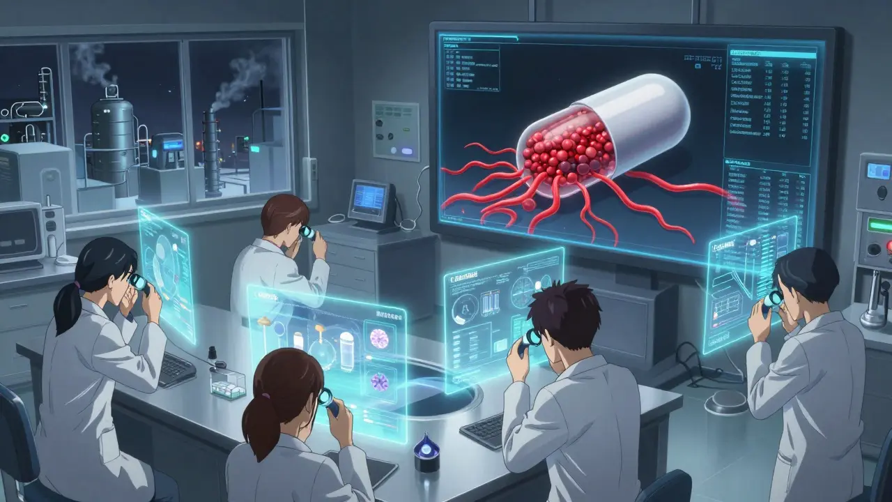Scientists inspecting drug impurities in a high-tech lab with holographic drug models.