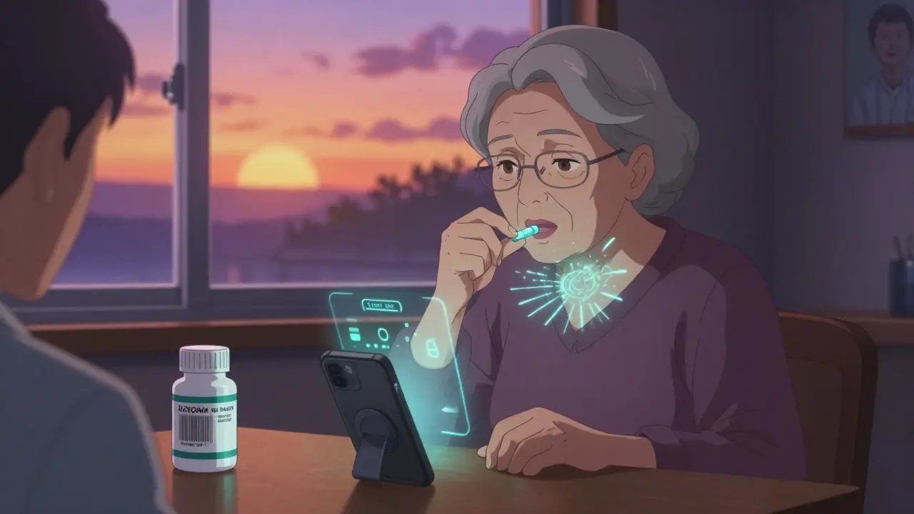 Senior swallowing pill with glowing sensor, hologram confirmation reaching phone beside smart dispenser.