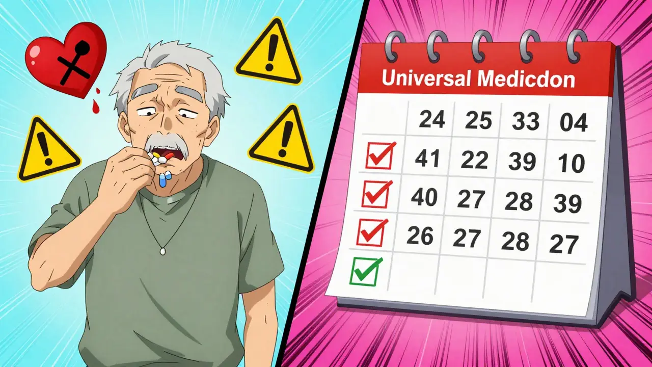 Split image: chaotic pill mixing vs. organized schedule using morning, noon, evening, bedtime times.