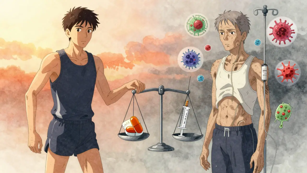 Split image: healthy young person vs. frail patient surrounded by infection and clot icons, with JAK pill and biologic syringe on scale.