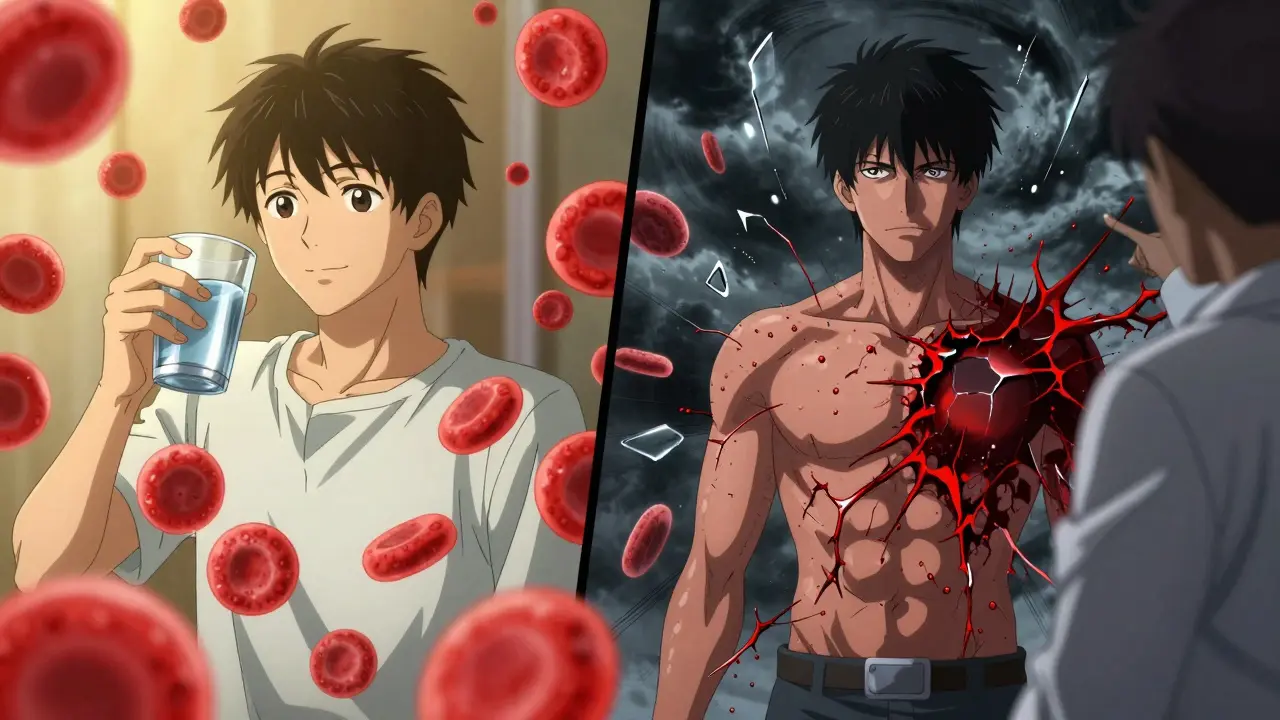 Split image: man safely taking acetaminophen vs. same man in danger with ibuprofen, blood cells shattering.