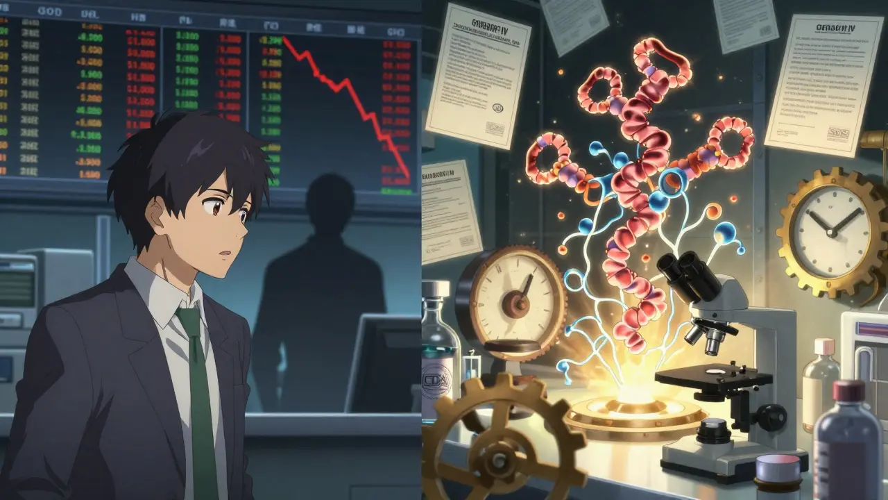 Split scene: falling drug prices on one side, biosimilar lab with glowing protein structures on the other.