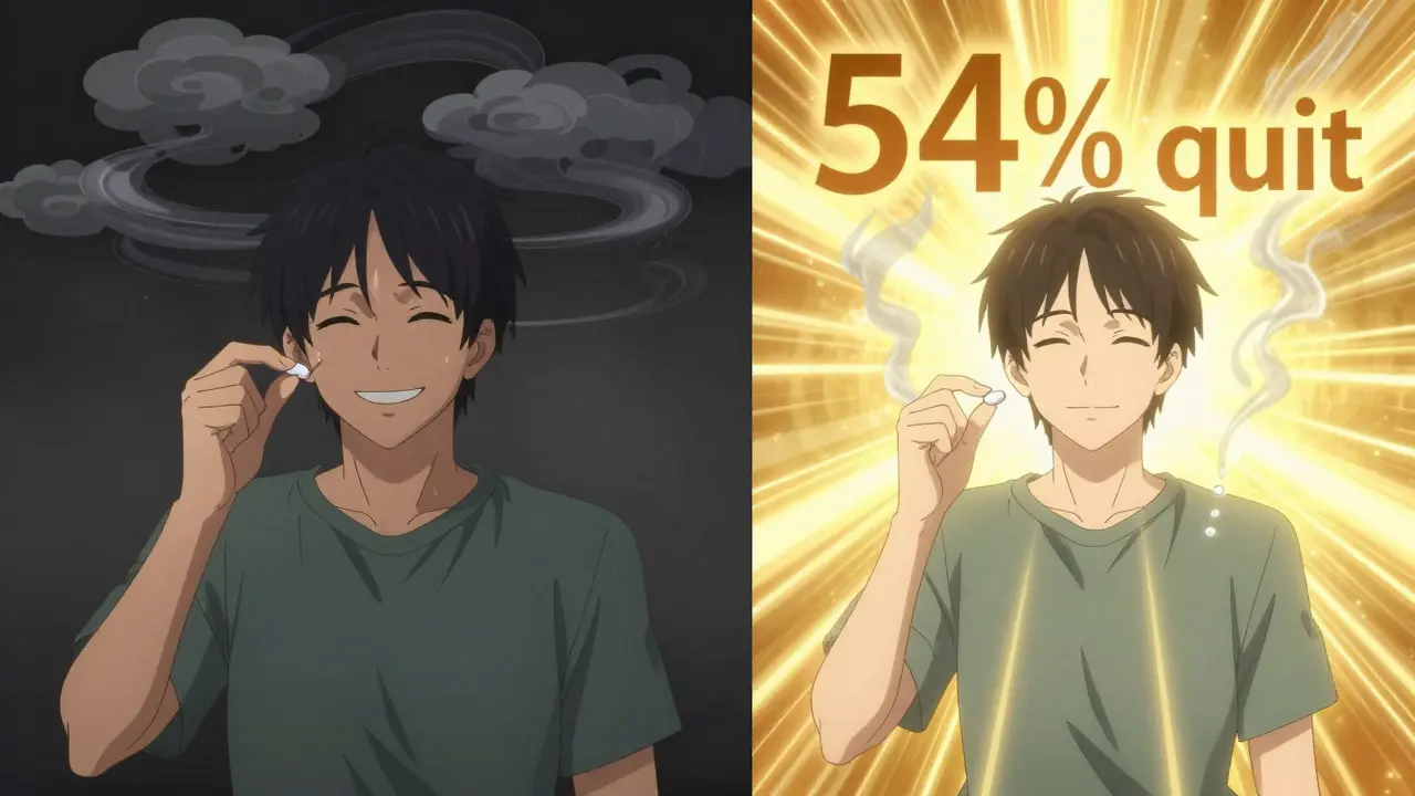 Split scene: same person taking identical pills, one with negative symptoms and dark energy, the other with light and relief.