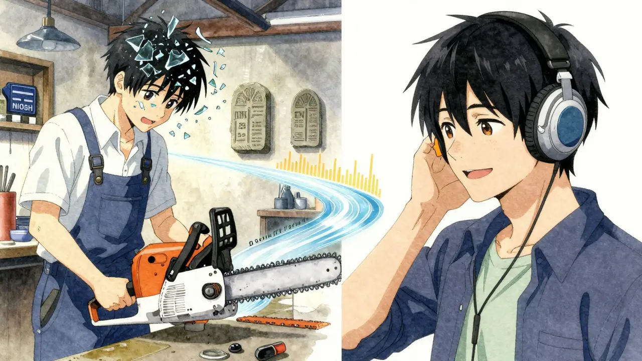 Split scene: young worker without protection vs. older version with earplugs listening to music.