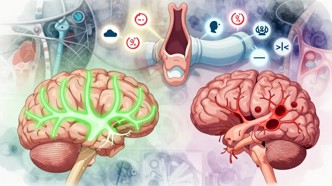 Split-screen of healthy vs opioid-affected brainstem, showing neural signal failure and airway collapse.
