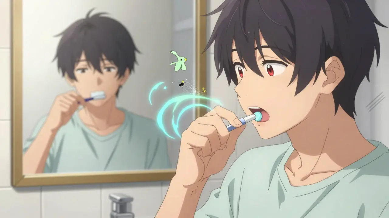 Teenager taking a sublingual allergy tablet while brushing teeth, with pollen sprites dissolving under their tongue.