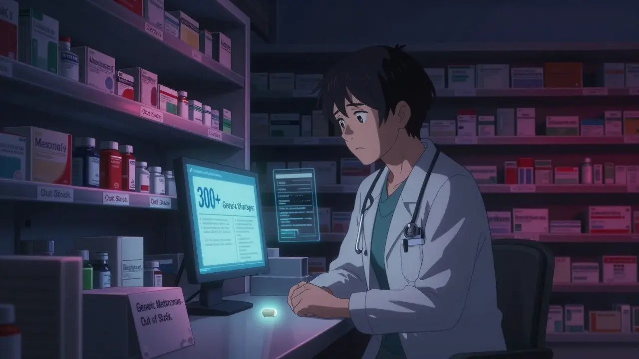 U.S. physician faces an empty shelf of generic metformin in a dim hospital pharmacy.