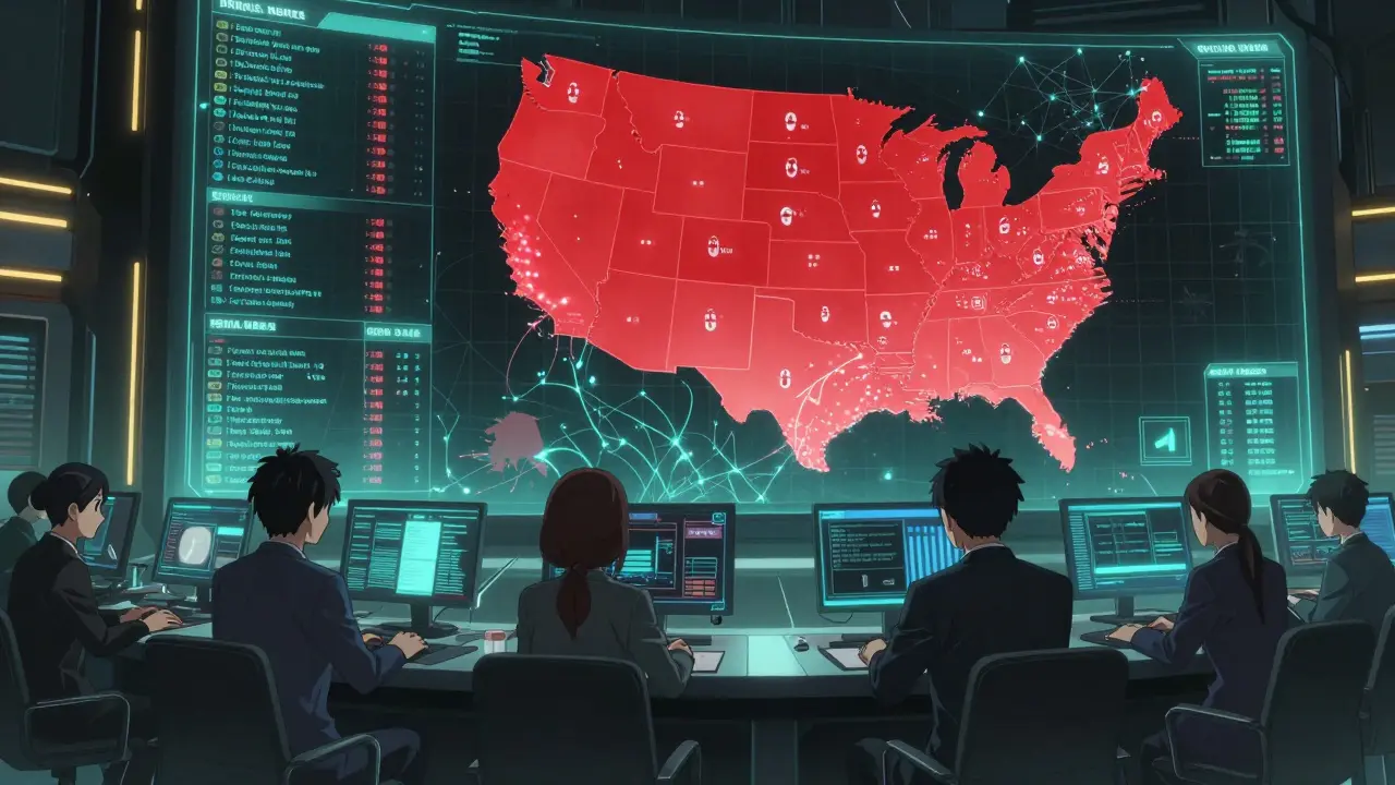 War room with holographic data dashboards and a pulsing U.S. map showing imminent generic drug entry.