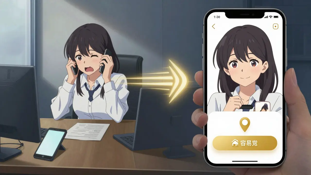 Woman transitioning from overwhelmed by alarms to calm with smart medication system on watch.