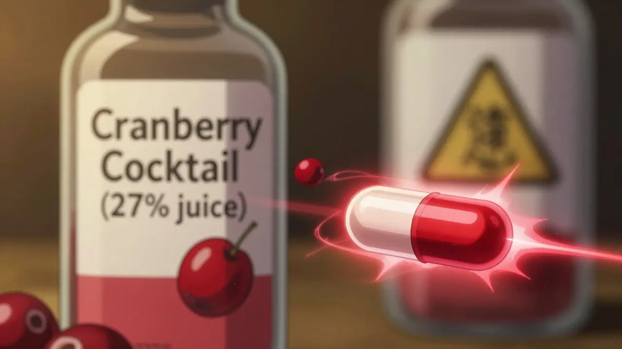 A cranberry cocktail bottle beside a glowing supplement capsule, symbolizing safe juice versus risky concentrate.