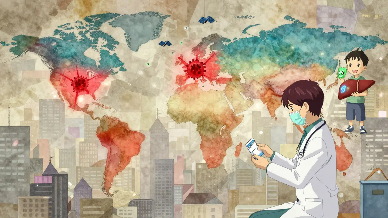 A global map showing infections fading to green as pills reach clinics, a doctor hands a prescription to a smiling patient.