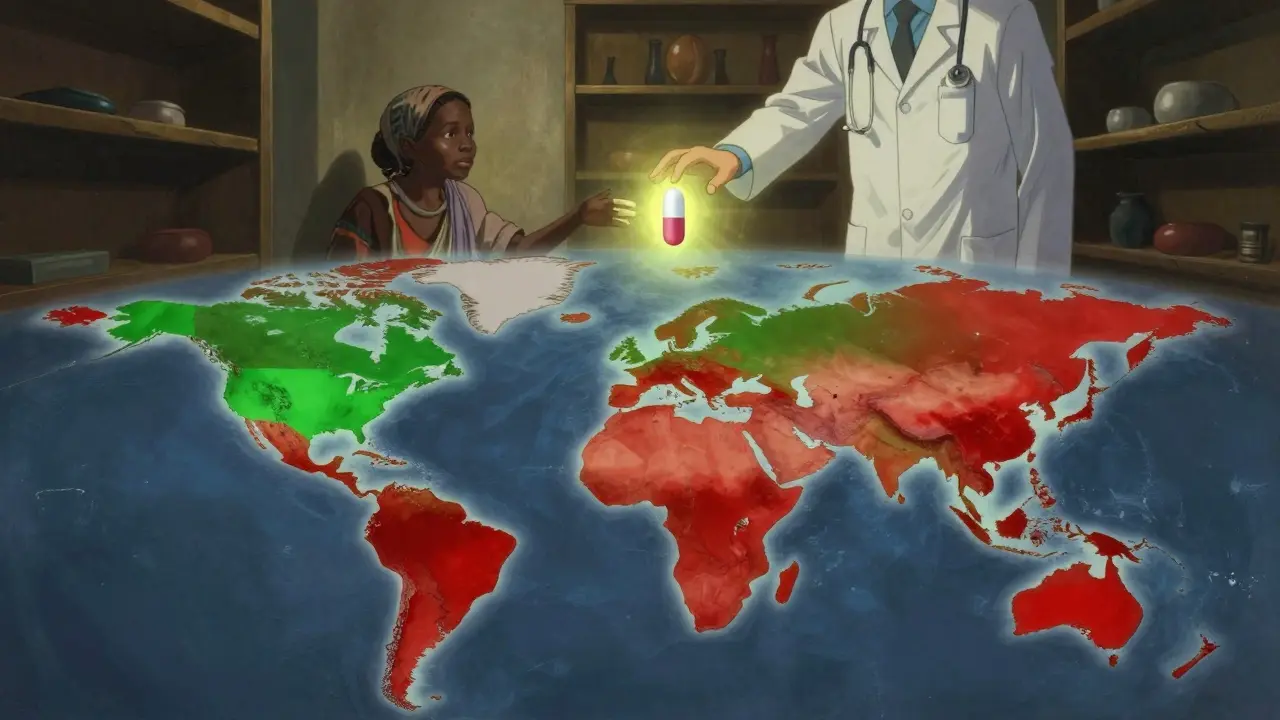 A glowing pill above a map showing global disparities in hypertension treatment access.