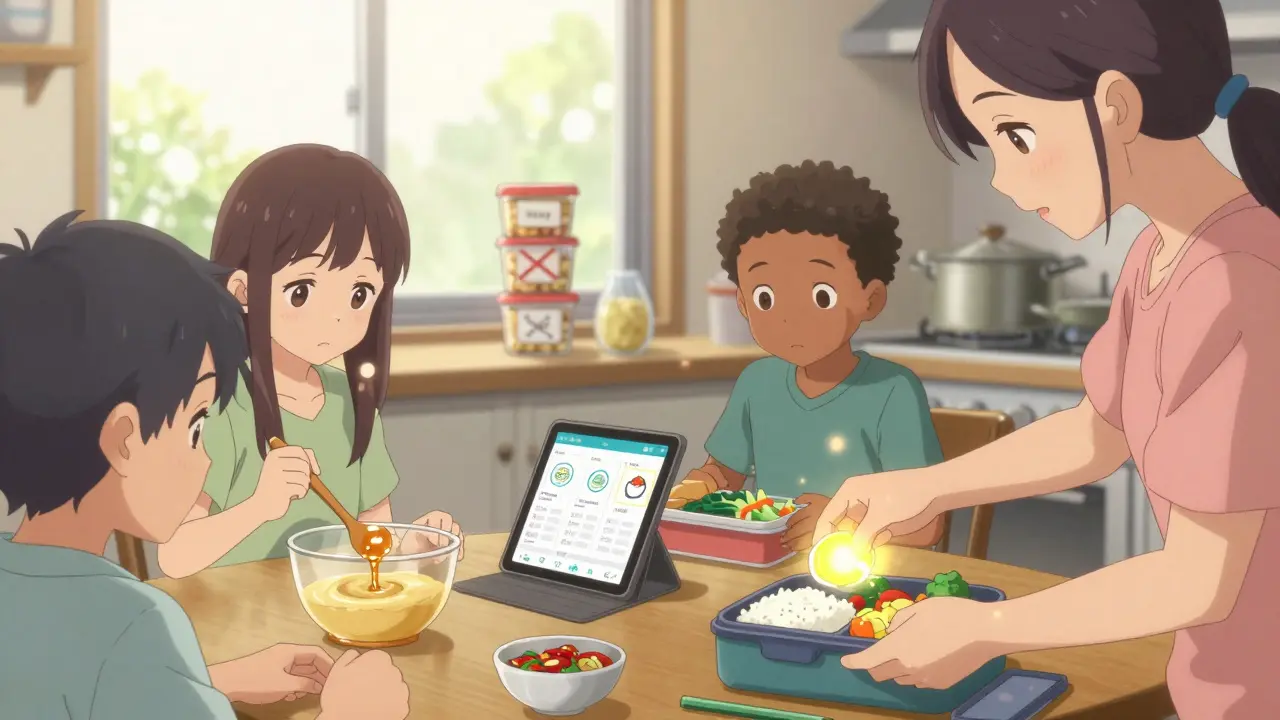 A group of people preparing safe meals, focusing on food tracking and dairy-free lunch packing.