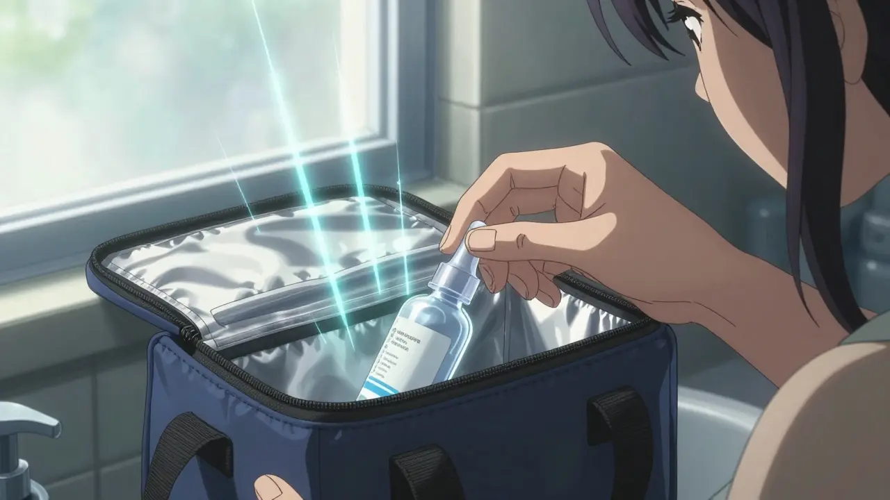 A hand placing a clear eye drop bottle into an insulated UV-blocking travel bag, with sunlight streaming through a window behind.