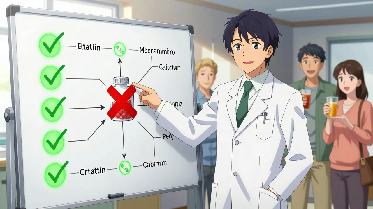 A pharmacist explaining drug interactions with a flowchart showing safe medications and one risky supplement.