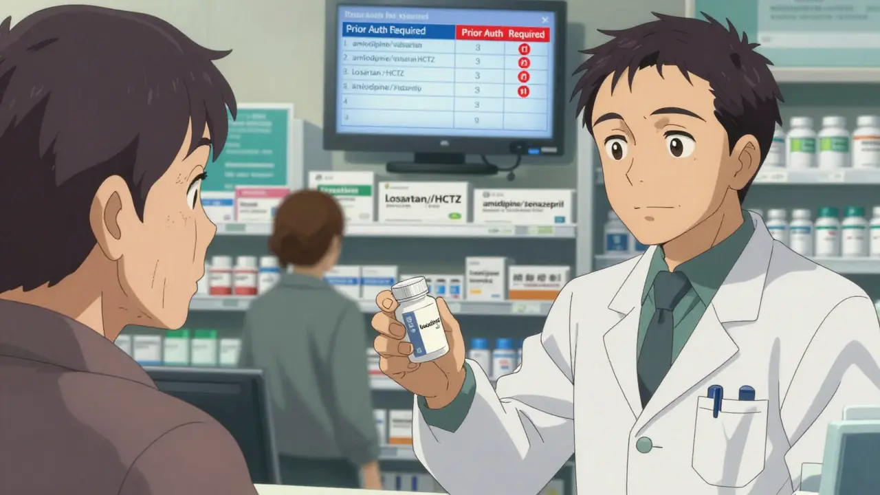 A pharmacist handing a combination pill bottle to an elderly patient in a pharmacy.