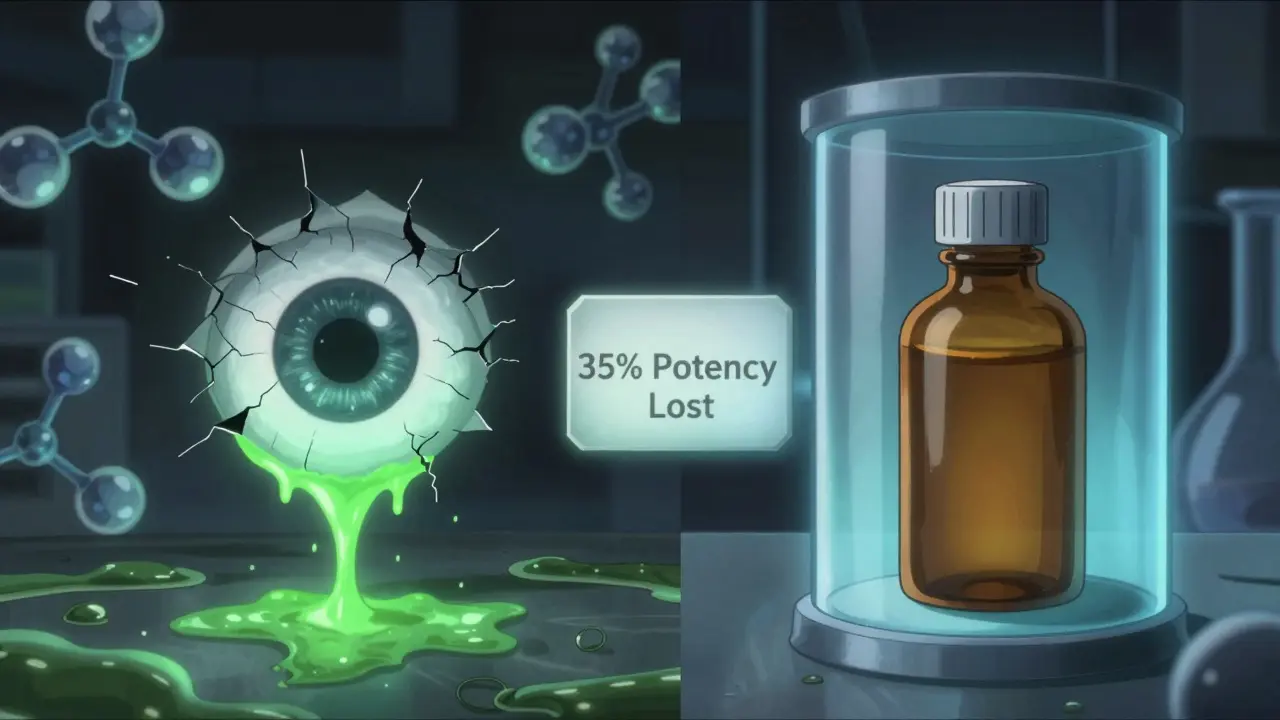 A split-screen showing a degraded eye drop bottle leaking toxins versus a preserved one glowing with protective light.