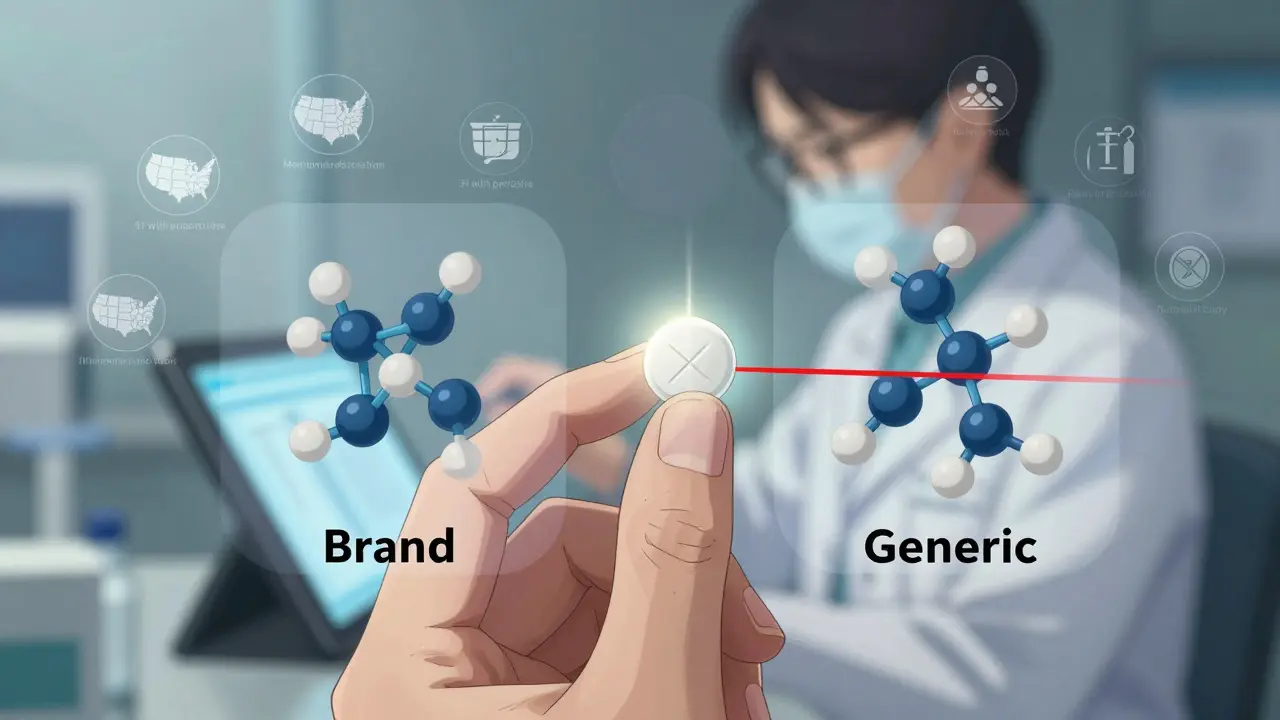 Close-up of a pill with translucent molecular structures of brand and generic versions side by side.