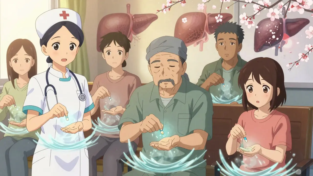 Diverse patients taking a single pill as healing waves radiate, with fading images of liver damage turning into blossoms.