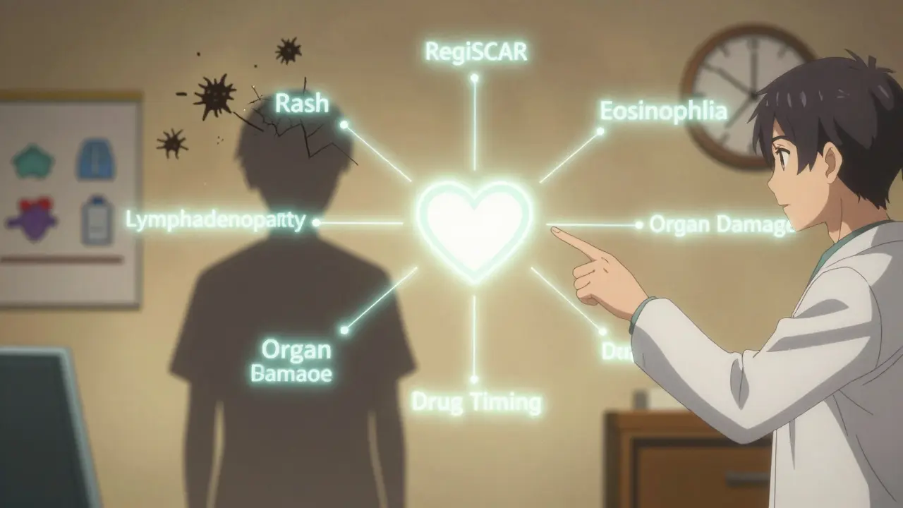 Glowing RegiSCAR diagnostic criteria forming a celestial map above a doctor and patient, with ticking clock.