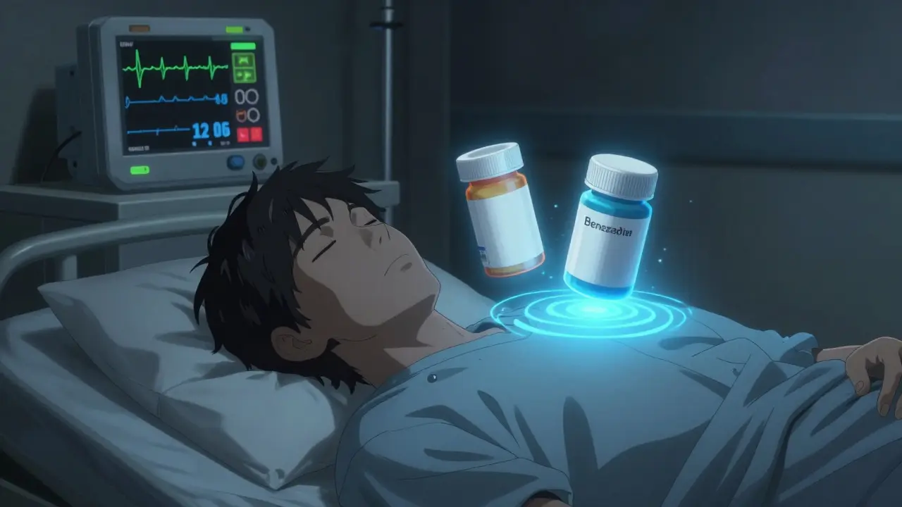 Hospital bed with flatline monitor and opioid/benzo bottles emitting toxic blue energy