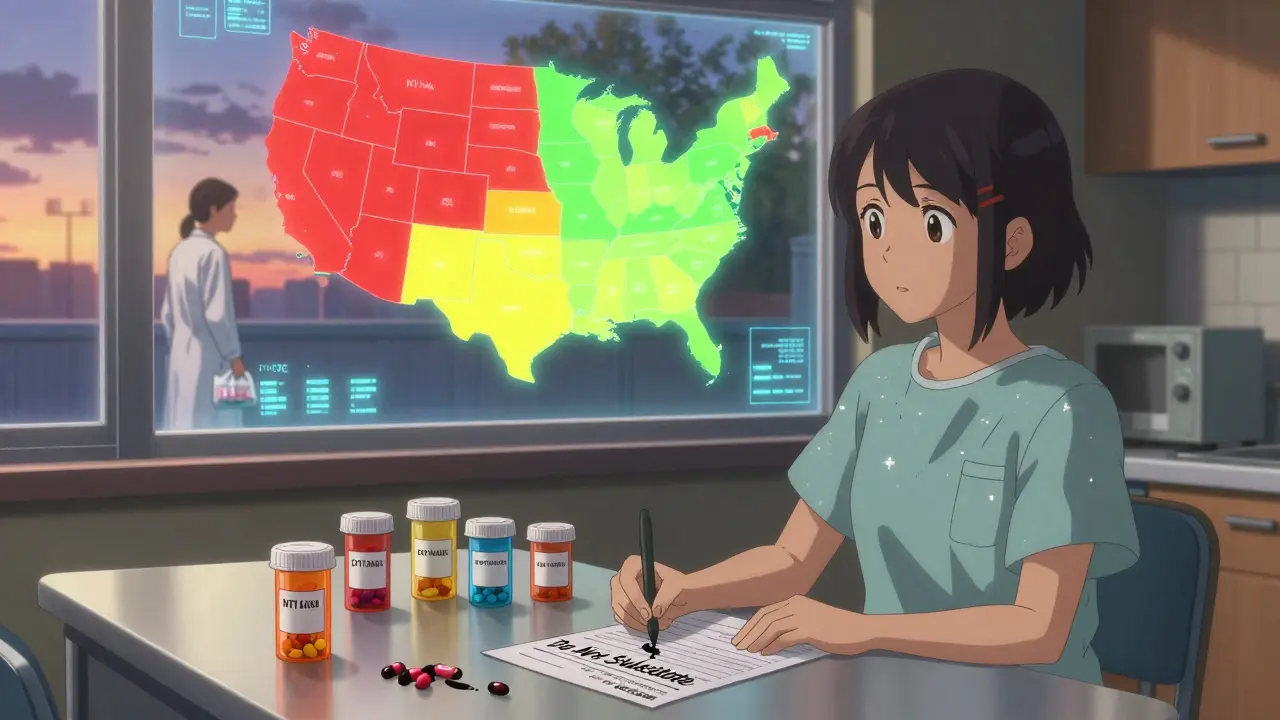 Patient surrounded by multiple pill containers with a glowing U.S. map showing state substitution laws.
