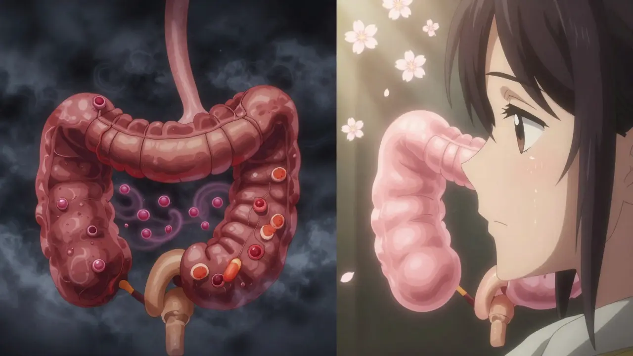 Side-by-side view of inflamed vs healed esophagus, with allergens dissolving and cherry blossoms symbolizing recovery.