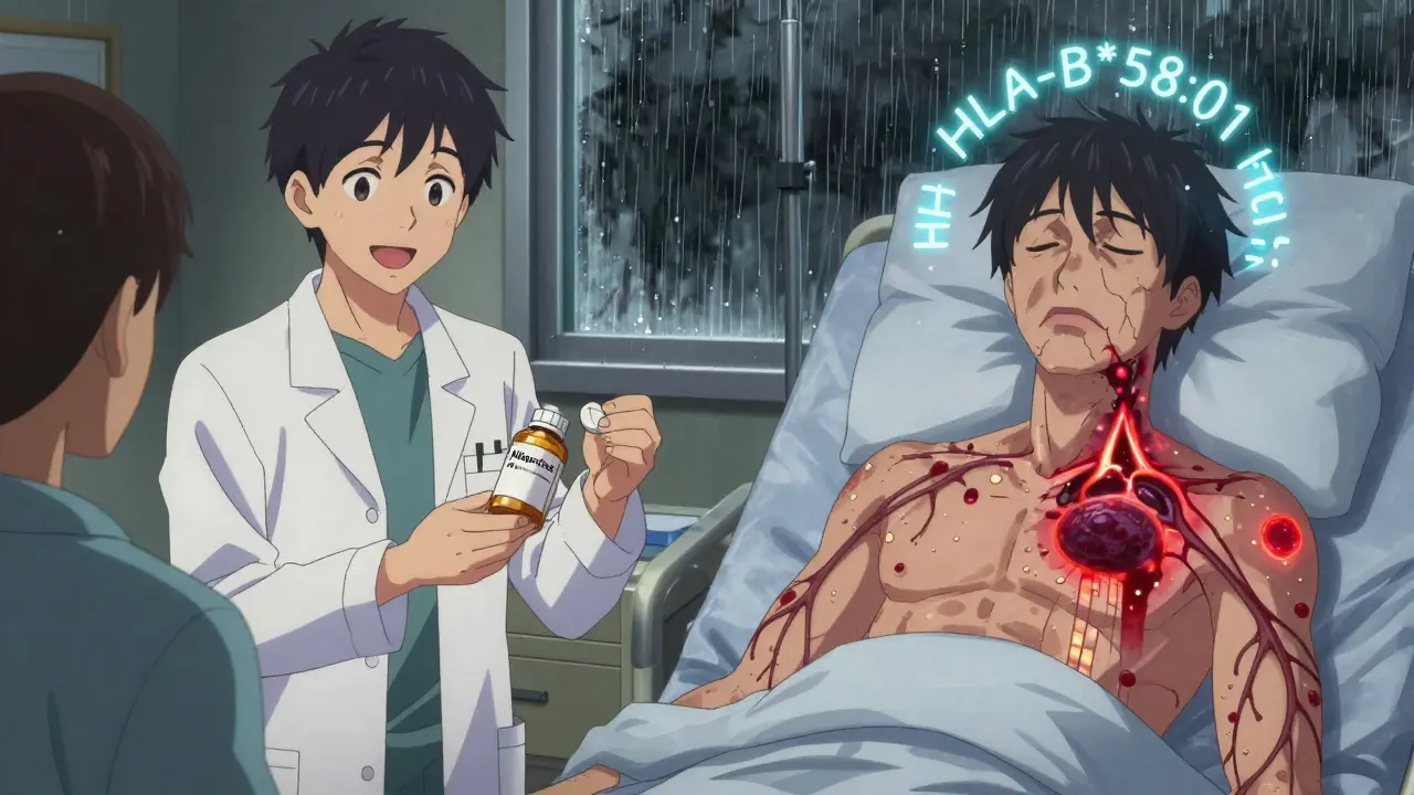 Split scene: peaceful pill prescription vs. severe DRESS symptoms with glowing gene sequence and swelling.