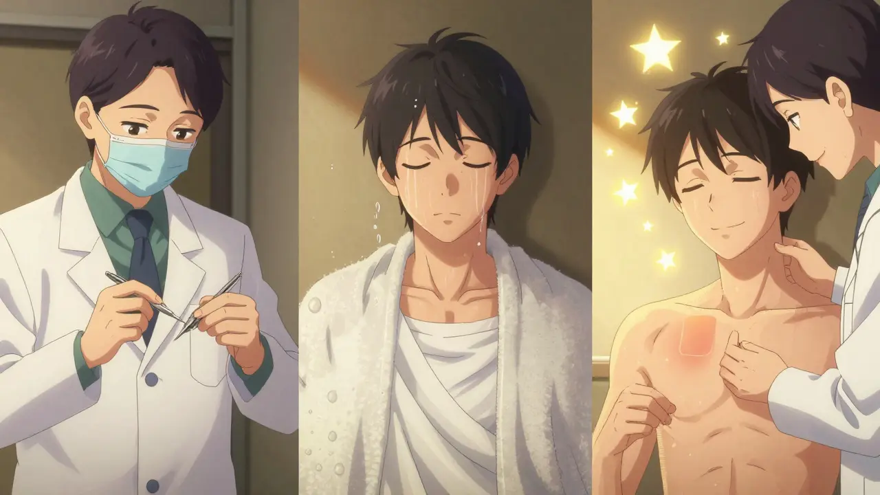 Three-panel story of patch testing: application, waiting, and healing with glowing positive result.