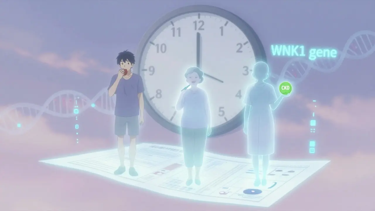 Three patient silhouettes with dietary choices and a glowing 2026 gene marker floating beside them.