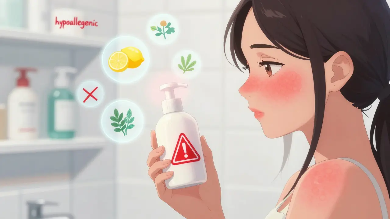 Woman holding lotion with glowing allergen icons floating around her, skin showing faint rash.