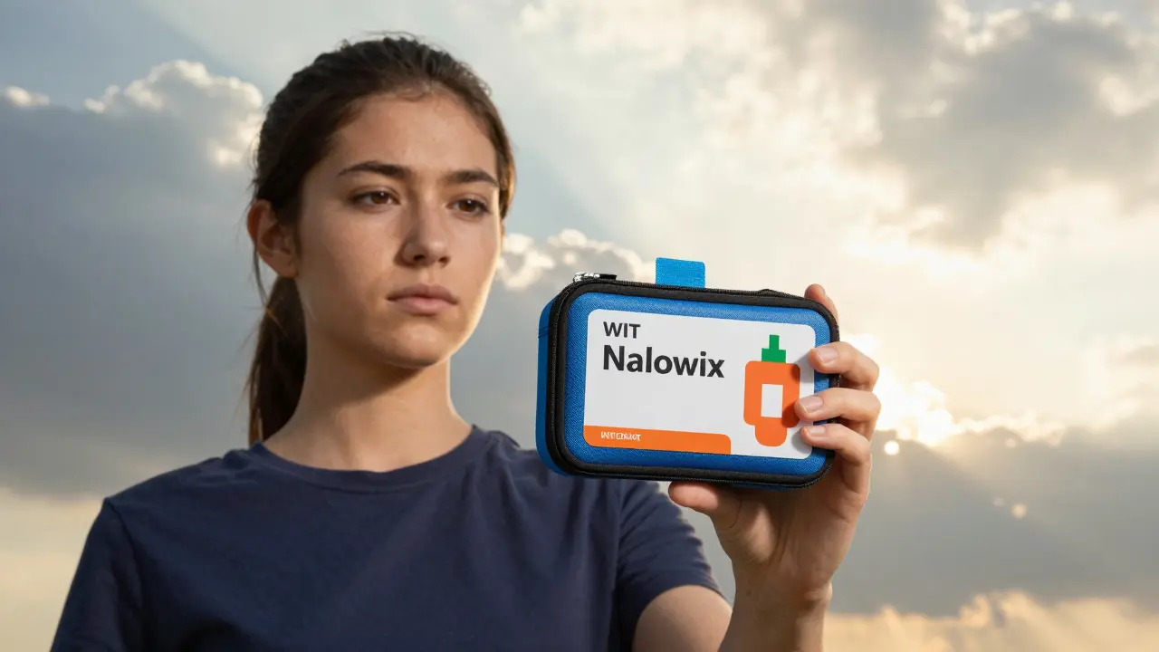 Young adult holding naloxone kit in sunrise light, determined expression