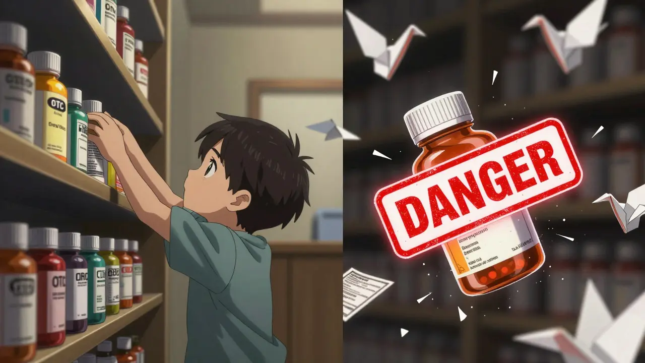 A child reaching for a medicine bottle as it shatters mid-air, with warning labels swirling around it.