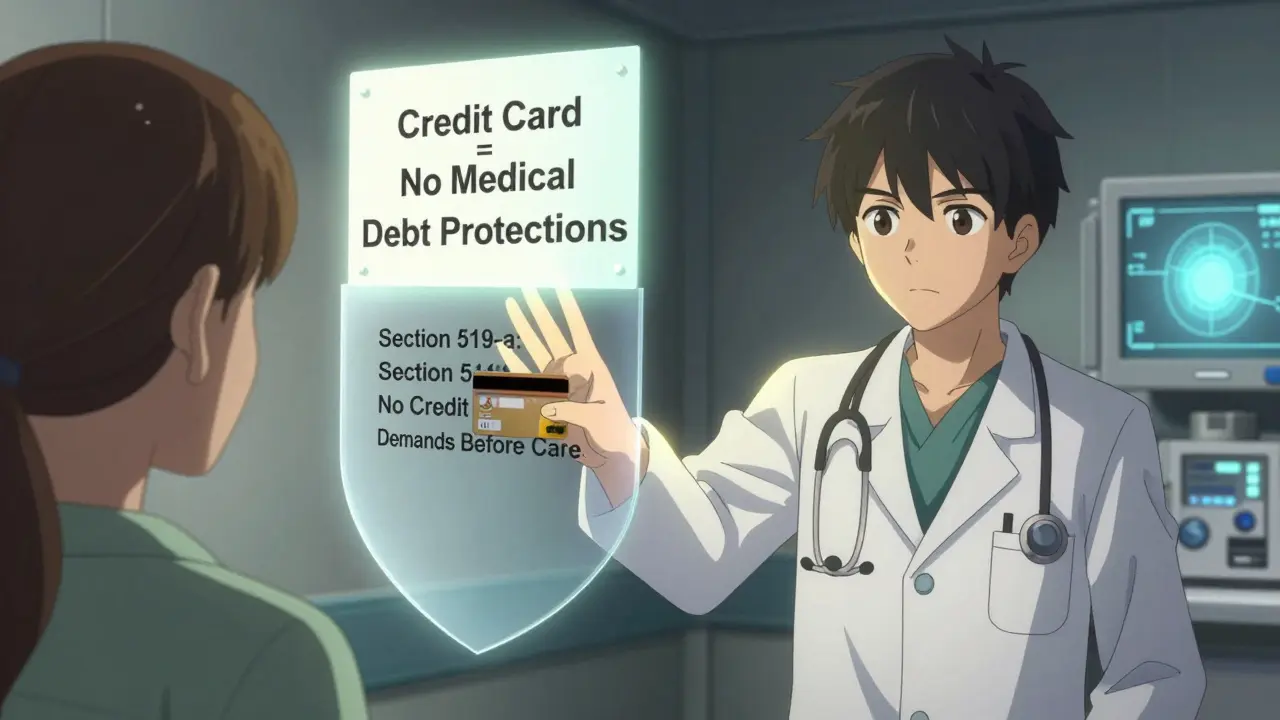 A doctor is blocked by a legal shield from taking a credit card before emergency care, with a warning about lost protections glowing in the air.