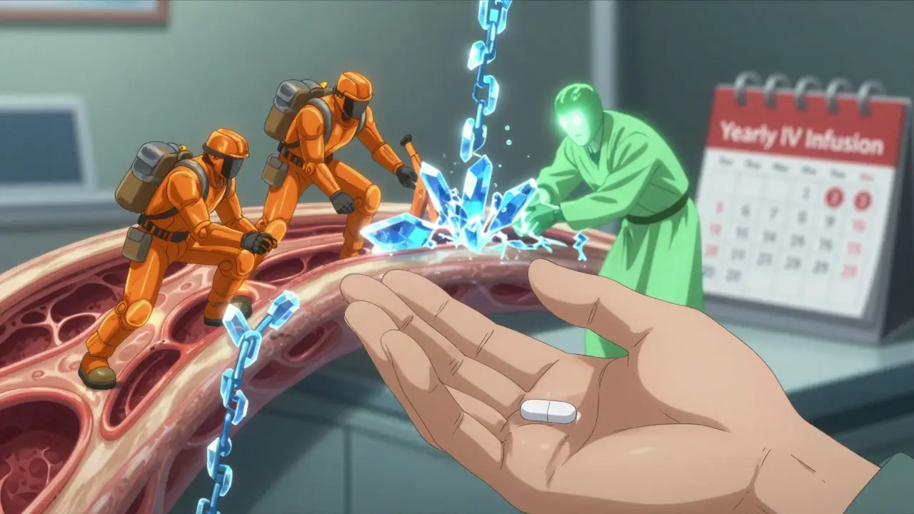 A hand taking a pill as blue crystals freeze bone-damaging cells while builders repair bone structure.