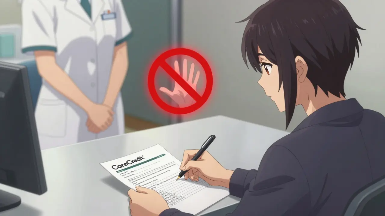 A patient independently fills out a medical financing application while a staff member stands back, respecting the law.