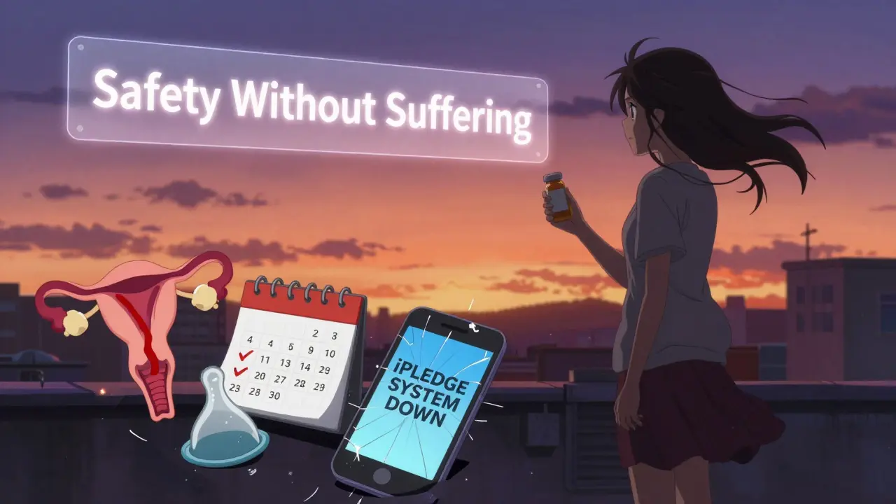 A patient on a rooftop at sunset holding isotretinoin, with symbolic icons of the iPLEDGE system swirling below in a dramatic sky.